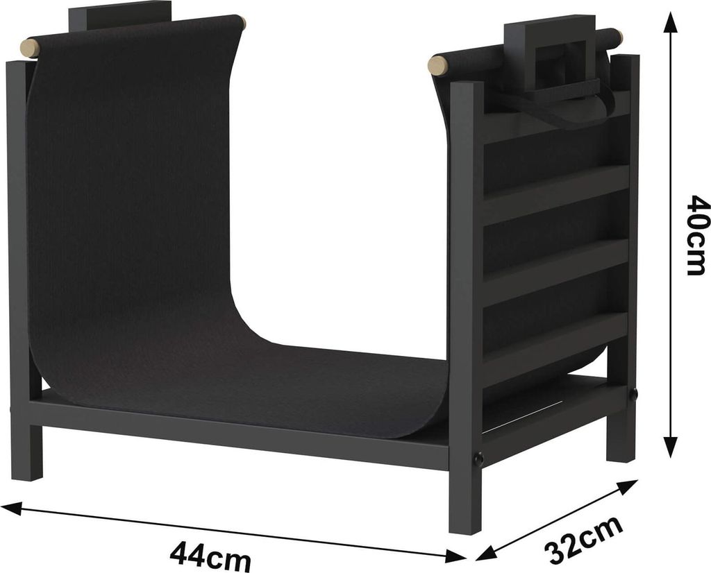 A black metal firewood rack with a black fabric liner and a small black accessory attached to the top right.