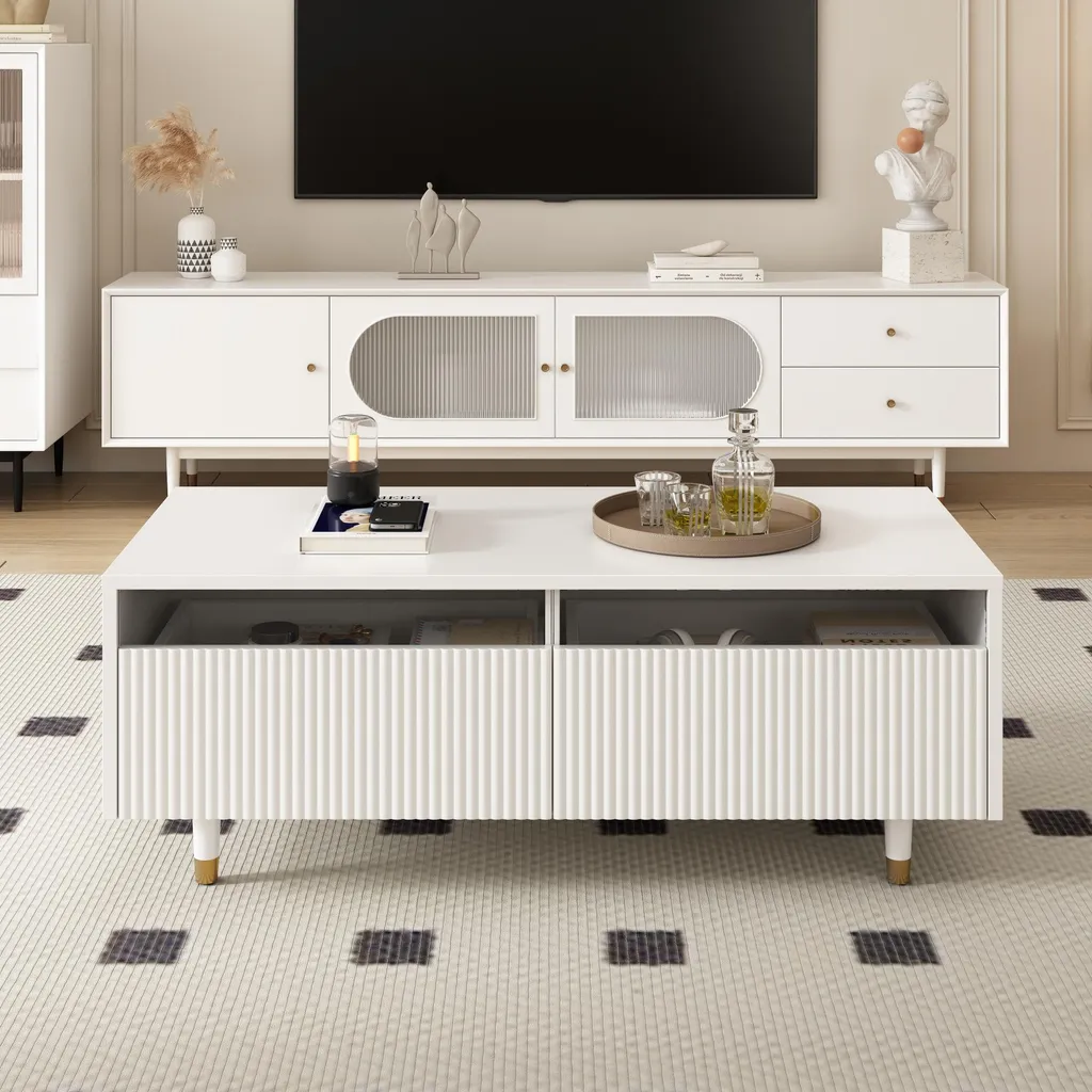 Table Basse LED Multicolore avec Tiroir Ondulé et Style Chic Blanc Doré