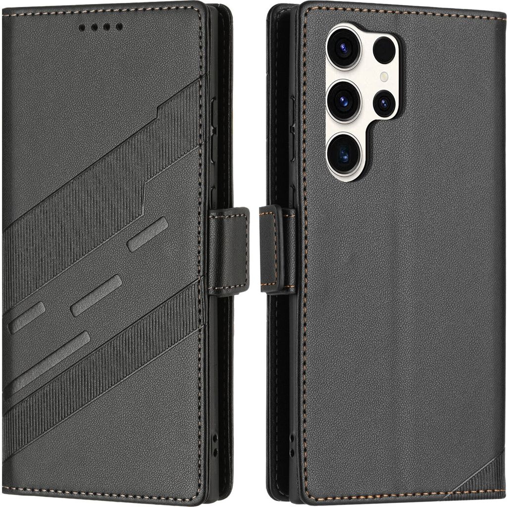 Hülle für Samsung Galaxy S23 Ultra, Kunstleder Brieftaschen Handyhülle mit Kartenfach und Standfunktion Schwarz