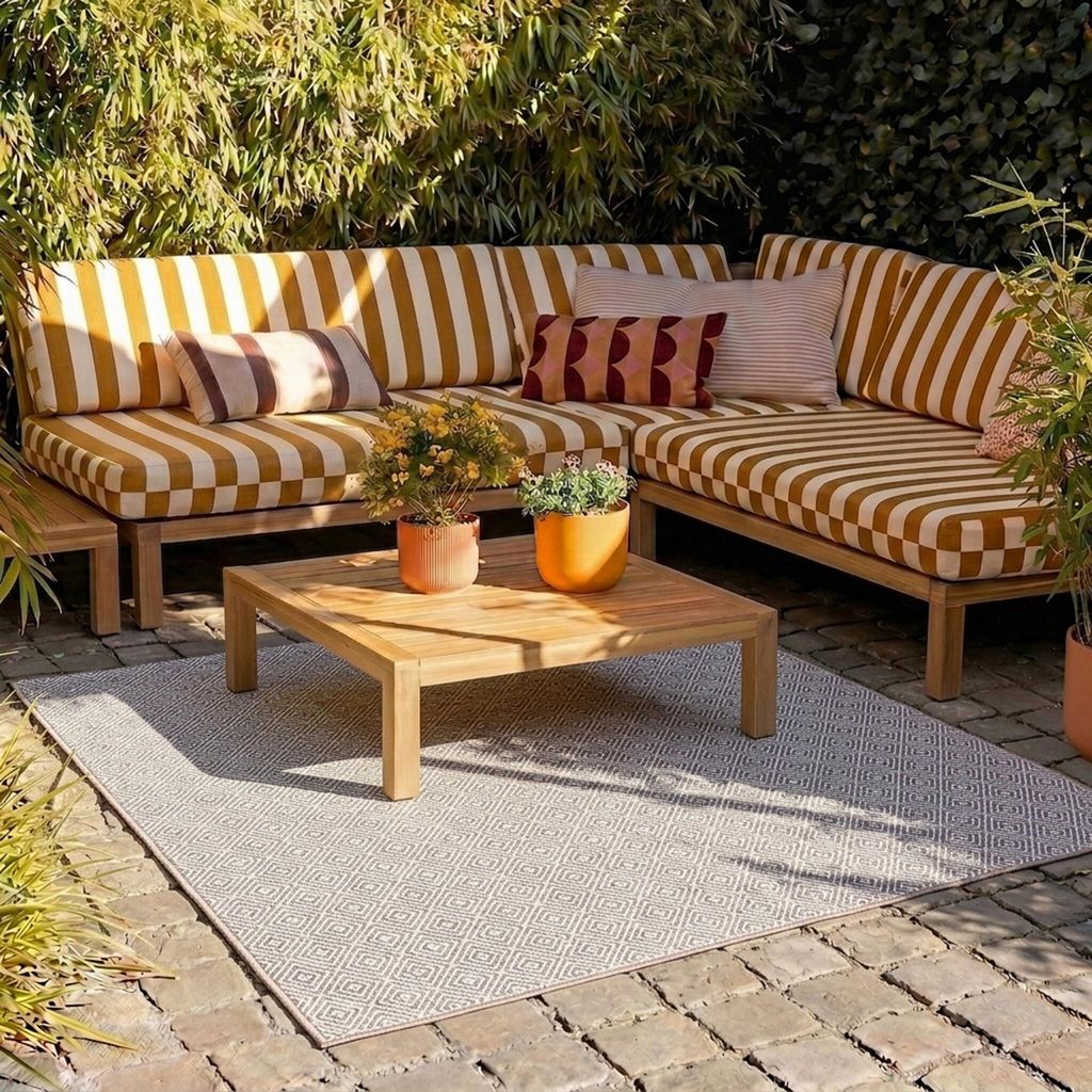 Volero - Outdoor Teppich Quadrat - Summer Tile Hellgrau - 150x150 cm - Balkon, Garten, Terrasse - Modern, Retro