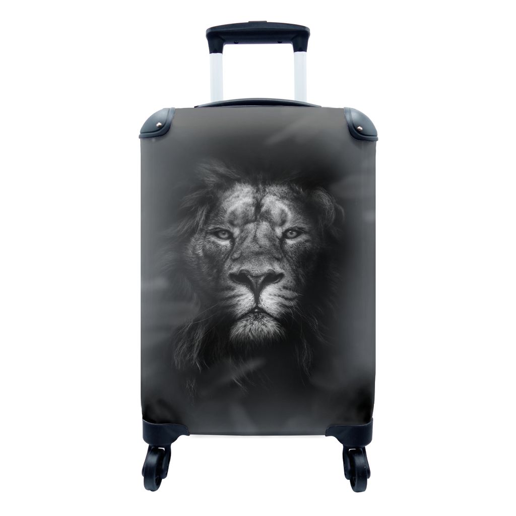 MuchoWow Koffer Handgepäck Trolley Rollkoffer Kleine Reisekoffer mit 4 Rollen - Porträt eines Löwen im Dschungel - schwarz und weiß - Cabin S...