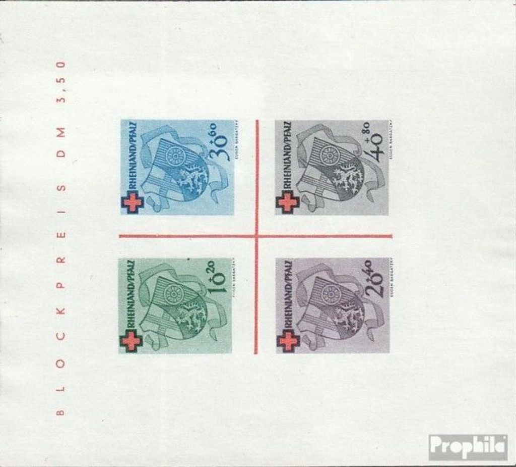 Briefmarken Franz. Zone-Rheinland Pfalz 1948 Mi Block1II (kompl.Ausg.) un Rotes Kreuz