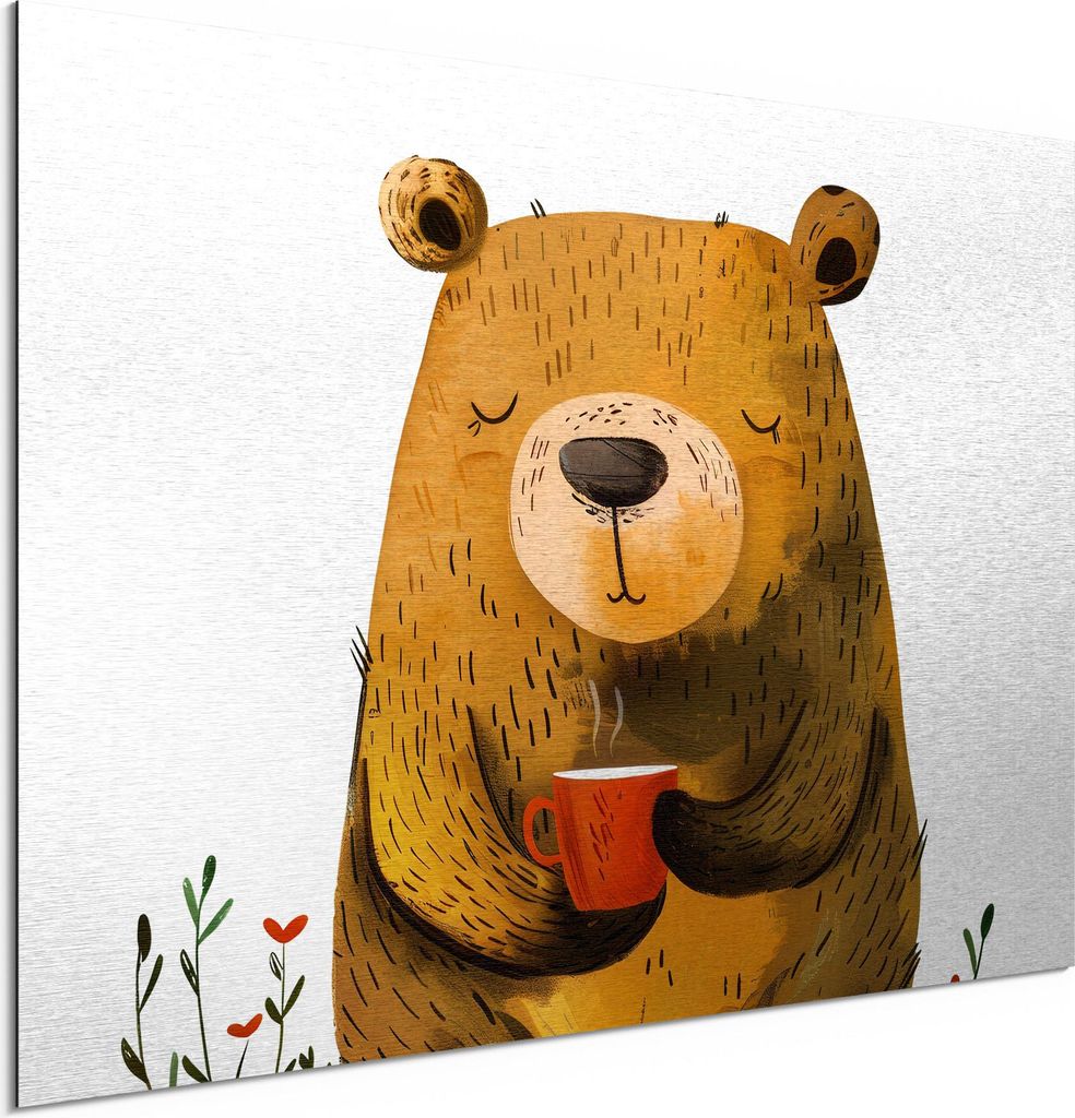 DEQORI Alu-Dibond Bild Silber 60x40 cm 'Bärische Kaffeepause' Wandbild Metall dünn Design