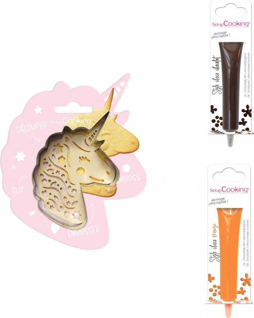 Einhorn-Relief-Plätzchen-Set + 2 Schokoladenstifte in Braun und Orange