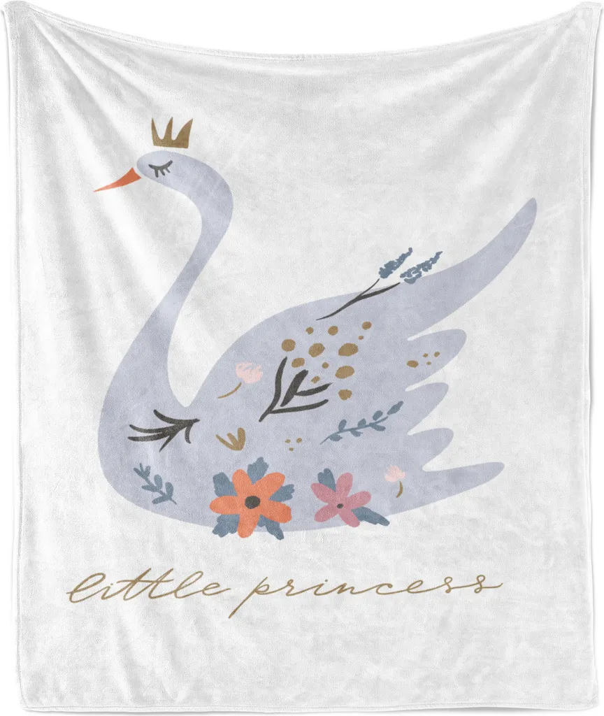 ABAKUHAUS Coperta in morbido pile di flanella Schwan, delicato motivo con uccellino, decorazioni floreali e coroncina Little Princess, 175 x 230 cm, multicolore