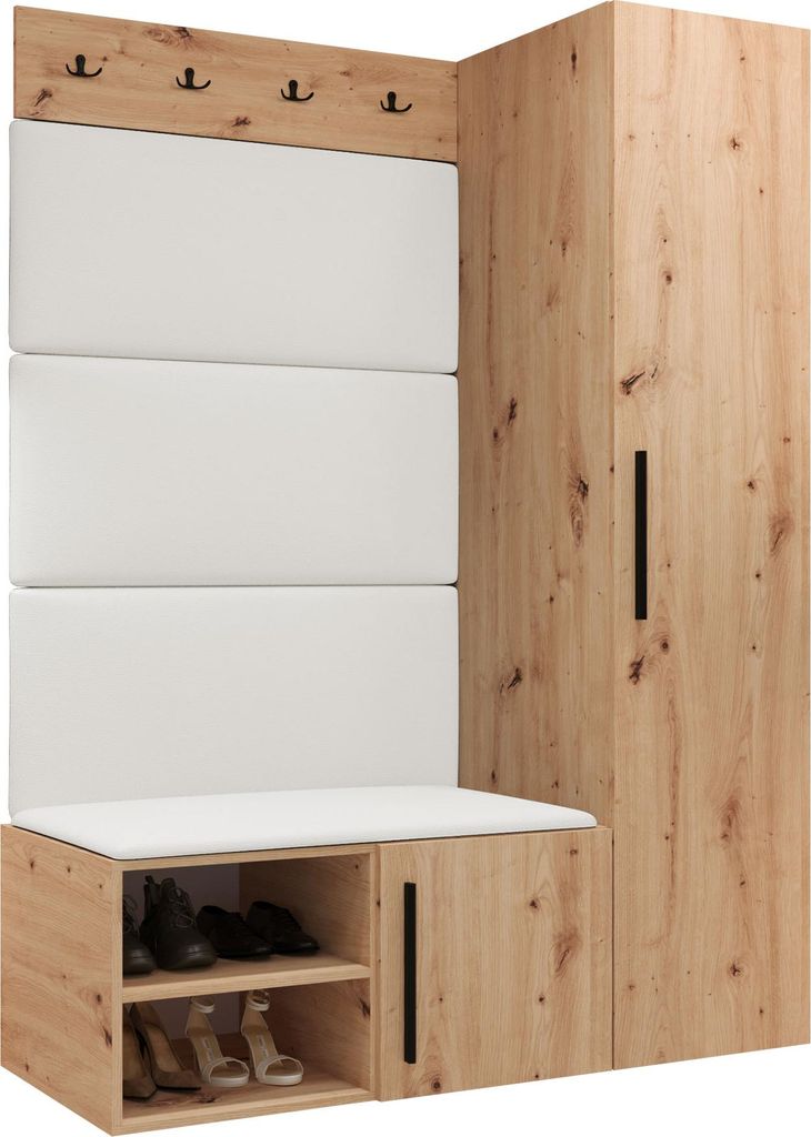 MIRJAN24 Garderoben-Set Medi II, Schuhschrank, Kleiderhakenbrett, 4x Paneel 84x42, 4 Kleiderhaken (Farbe: Artisan Eiche, Soft 017)