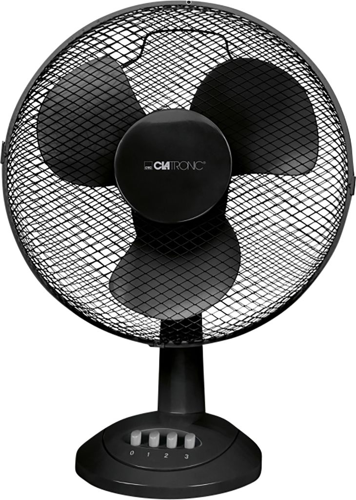 A black electric desk fan is shown on a white background.