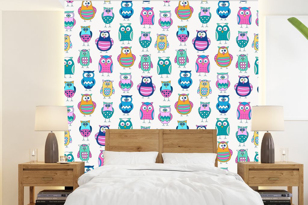 MuchoWow Fototapete für Wohnzimmer oder Schlafzimmer Wandtapete Vinyl Motivtapete Regenbogen - Eule - Cartoon - 240x260 cm - Tapezier Papier