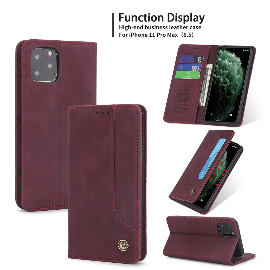 Custodia retrò in Finto cuoio per iPhone 11 Pro Max con design a portafoglio, porta carte e supporto rosso