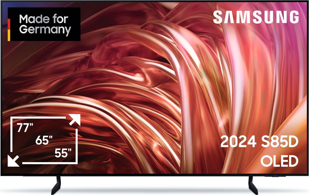 A Samsung OLED television is displayed on a stand against a dark background. The screen shows a colorful, abstract image. Text overlays indicate product details and branding.