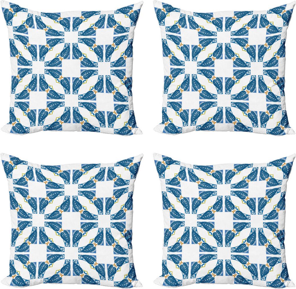 ABAKUHAUS Blau und weiß Kissenbezug Set (4 Stück), Marokkanische blaue Blätter, Moderner Doppelseitiger Digitaldruck, 50 cm x 50 cm, Blau Weiss