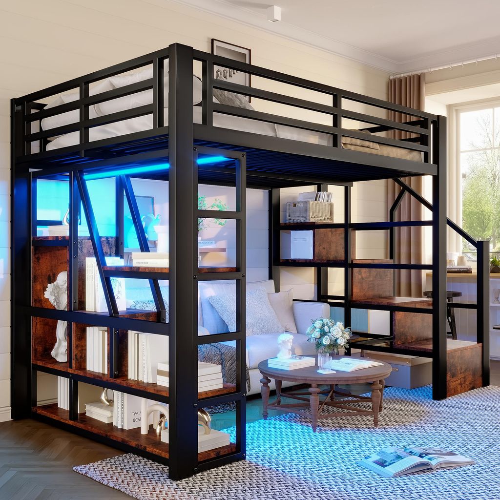 MODFU Hochbett ohne Matratze 140x200 Jugendbett Metallbett mit Ablagefach und integrierte Stufen,Bettrahmen mit LED-Lichtleiste und Eisenrahmen,sch...