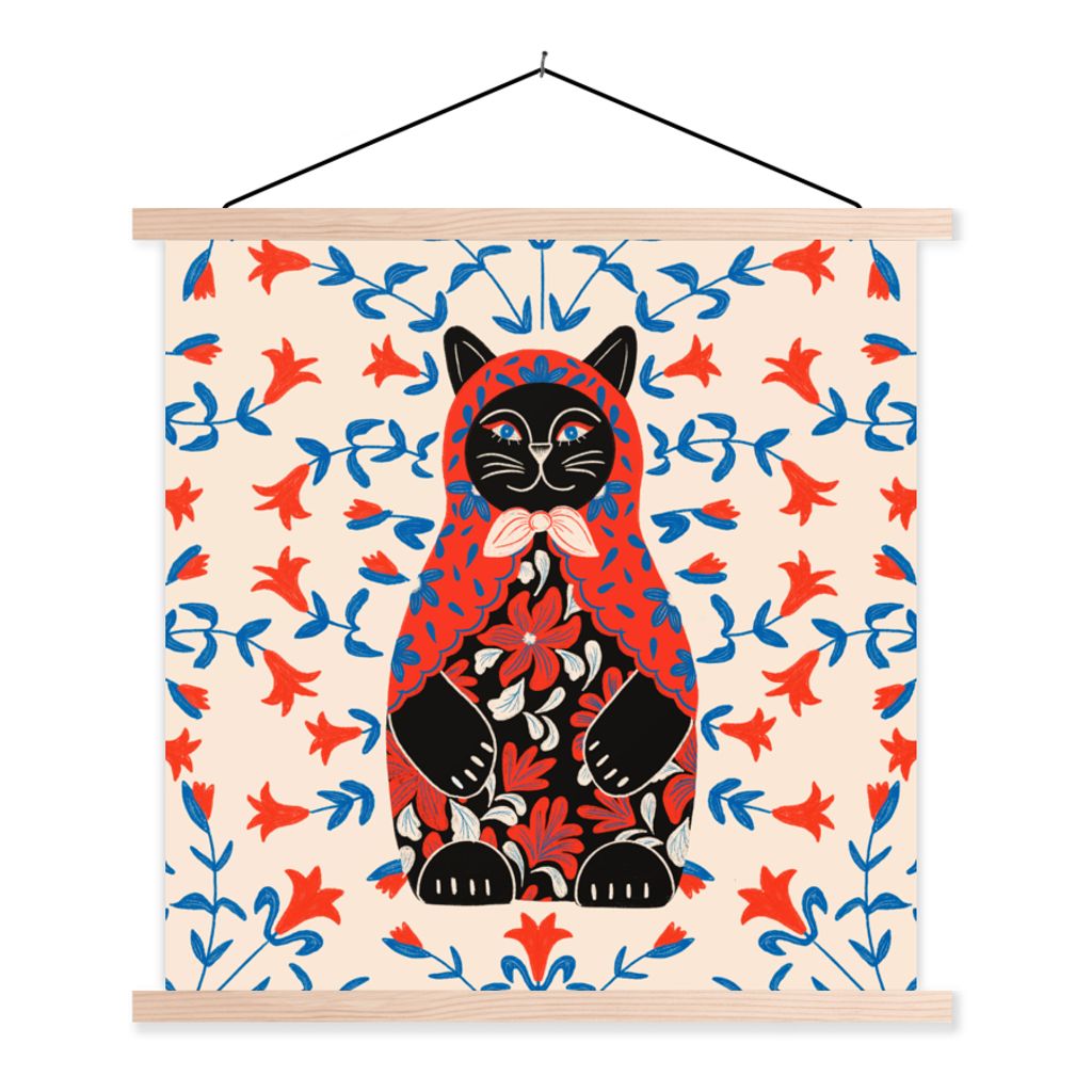 MuchoWow Textilposter Matrjoschka - Blumen - Katze 40x40 cm mit holzfarbenen Rahmen - Posterleiste