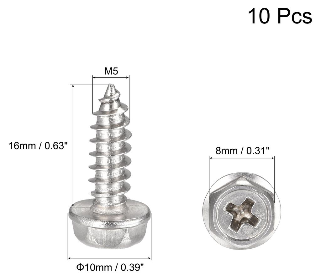 Selbstschneidende Schrauben mit Kreuzschlitz-Sechskantscheibe, M5 x 16 mm, Sechskantflansch-Blechschraube aus Edelstahl 304, 10 Stš¹ck
