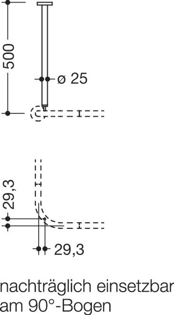 HEWI Deckenabhängung, d:25, A=500mm, plvb schw tiefmatt