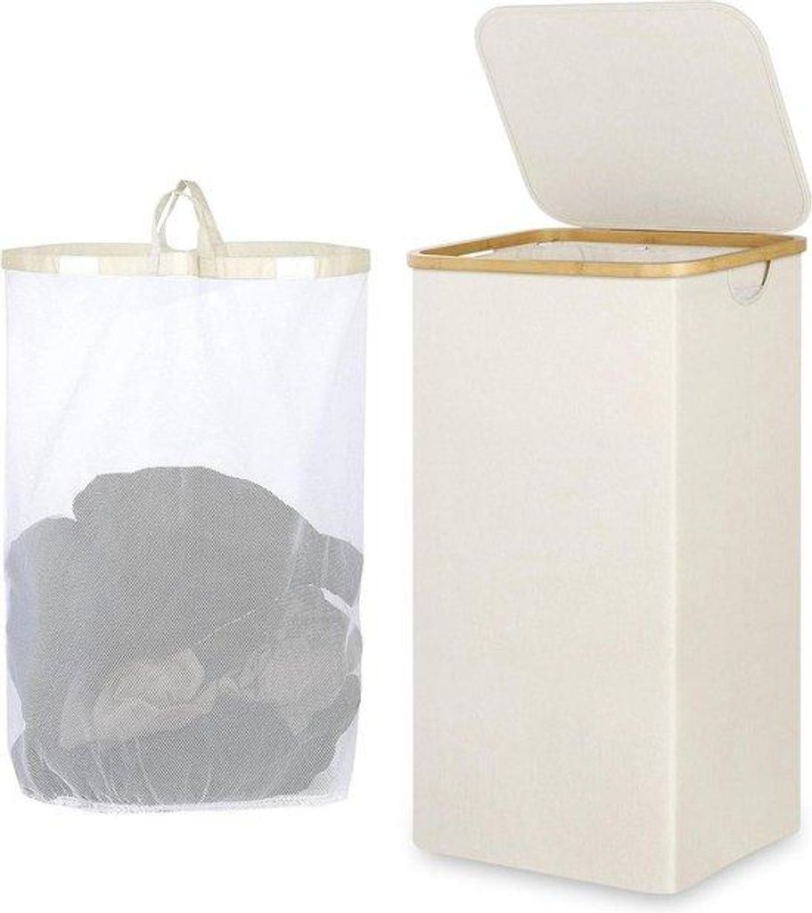 Bamboo-Waschkorb 110 Liter mit Deckel - Entfernbare Innentasche - Faltschrittbar - Beige