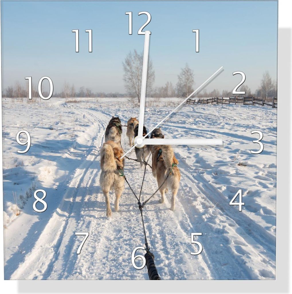 Wallario Design Wanduhr Hundeschlitten im Schnee aus Echtglas, Größe 30 x 30 cm