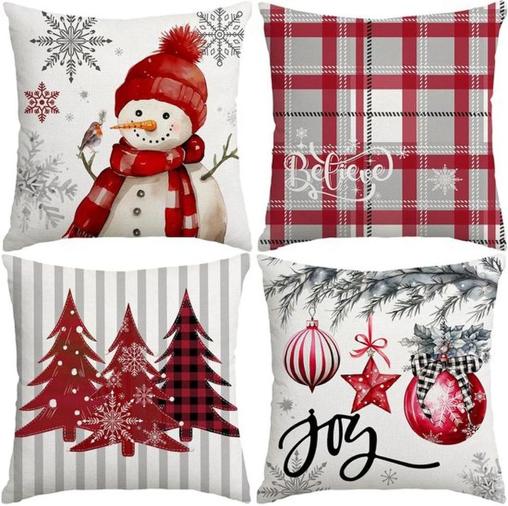 Unyqoos Set mit 4 dekorativen Weihnachtskissenbezügen im winterlichen Bauernhausstil, 50 x 50 cm
