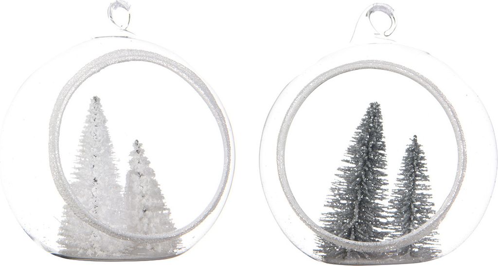 Weihnachtskugeln Glas mit Tannen 8cm klar transparent, 1 Stück sort.