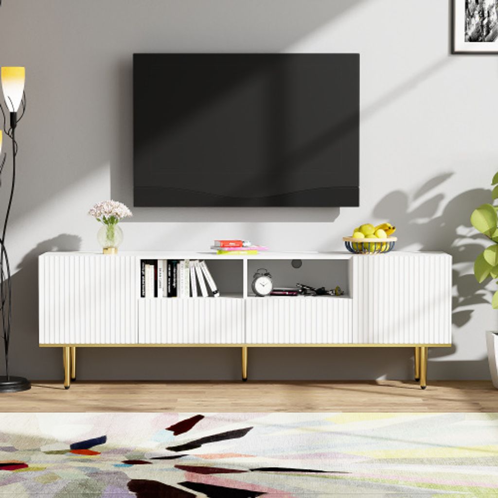 CDGlobal Moderner TV-Schrank, Weiss Sideboard Lowboard 165x36x55 cm mit 2 Türen und offenen Regalen, Fernsehtisch mit 2 Stauraum Schubladen, TV-Ti...