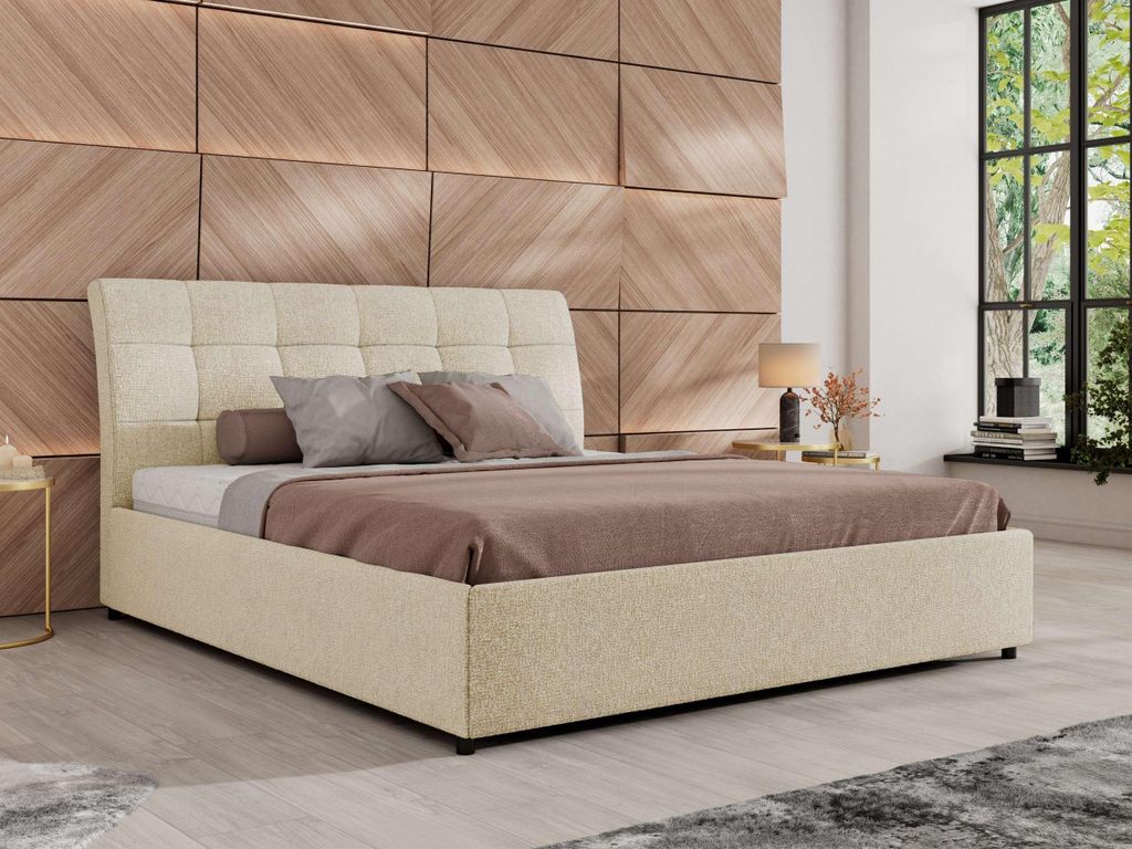 MKS MEBLE Polsterbett GALA CLASSIC Lattenrost klappbar Bett mit Stauraum 140x200 Hotel Betten Schlafzimmer Creme Strukture