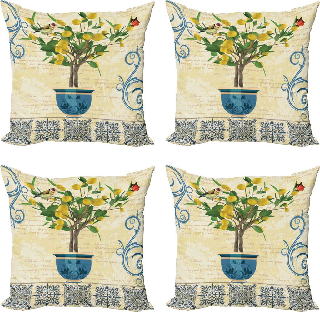 ABAKUHAUS Jahrgang Kissenbezug Set (4 Stück), Retro Style Lemon Tree, Moderner Doppelseitiger Digitaldruck, 60 cm x 60 cm, Mehrfarbig