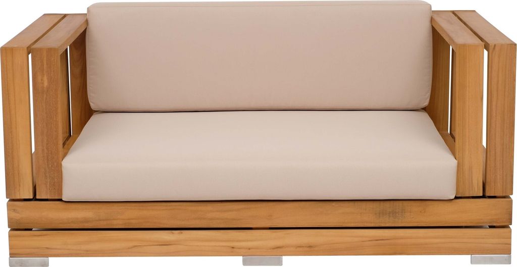 Teako Design Loungesofa Teakholz 2-Sitzer Wetterfest + Sitzkissen – Korsika Massivholz, Outdoor & Indoor geeignet