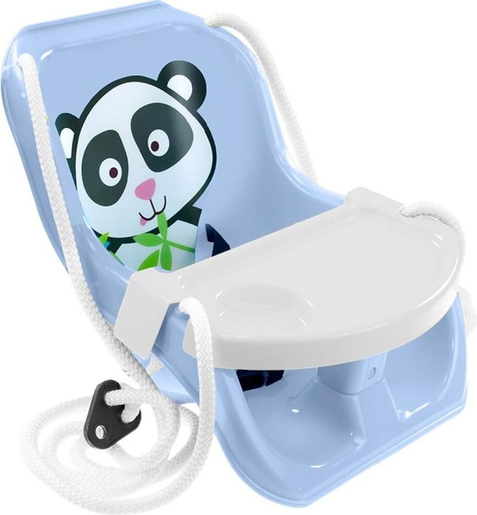 A baby swing with a panda design and a tray.