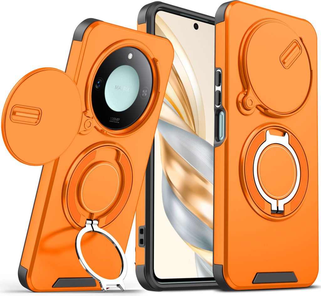 Handyhülle für Honor X9C Smart Dual-Layer Stoßfest Militär Hülle mit Dia Kameraschutz und Magnetisch Ring Ständer Orange