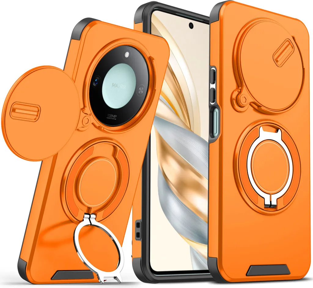 Custodia a doppio strato per Honor X9C Smart, con copertura scorrevole della fotocamera e supporto ad anello magnetico Arancione