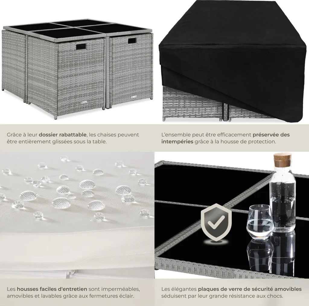 Salon de jardin gris clair 8 places BILBAO résistant aux UV avec housse