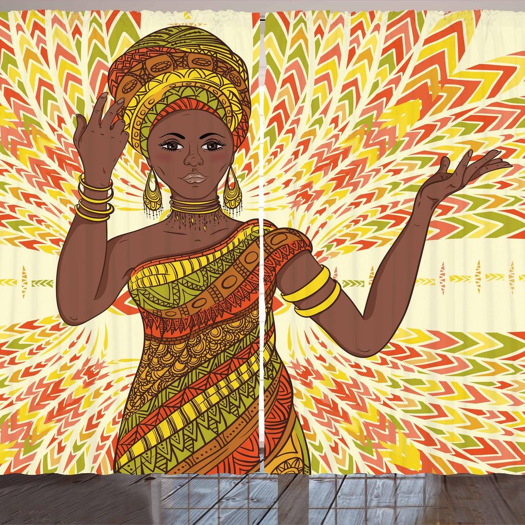 ARANDE afrikanisch Gardine, Tanzen-Frauen-Handzeichnungs-ethnische geometrische Verzierung-bunter Druck, 280 x 260 cm, Grün Gelb Rot