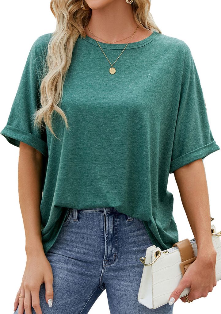 ASKSA Damen T-Shirt Sommer Kurzarm Oversized Rundhals Shirts Tops Casual Basic Tee Oberteile, Dunkelgruen, Groesse: XL