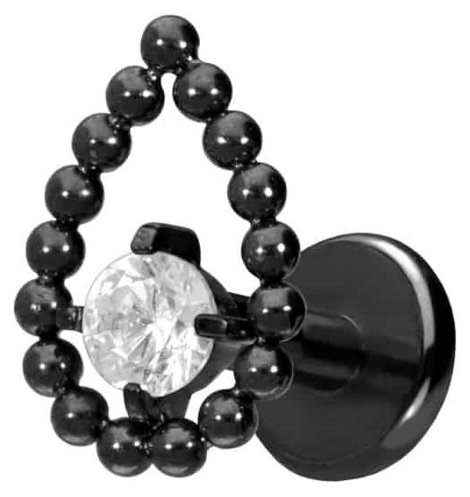 Ohrpiercing, Nasenpiercing Titan Labret mit Push Fit TROPFEN + KRISTALL Schwarz Stablänge: 5mm | Stabstärke: 1,2mm