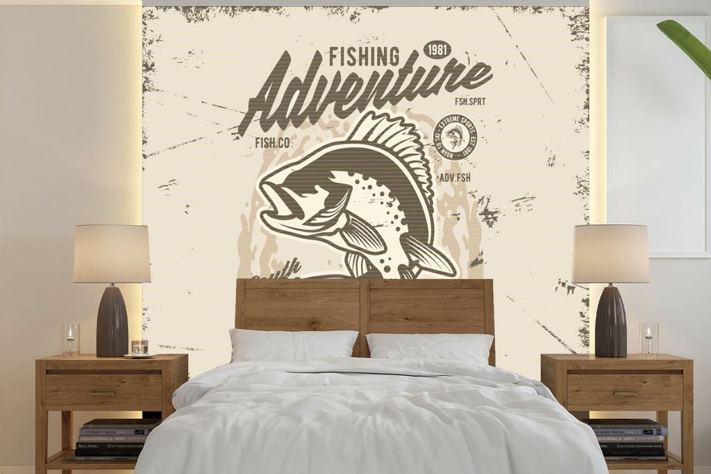 MuchoWow Fototapete für Wohnzimmer oder Schlafzimmer Wandtapete Vinyl Motivtapete Fisch - Retro - Zitat - 260x260 cm - Papiertapeten