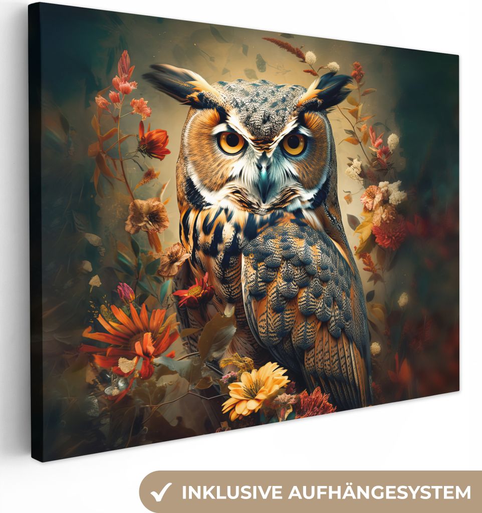 MuchoWow - Leinwandbilder - Eule - Vogel - Blumen - Botanisch, Wandbild, Wanddeko Bilder Wohnzimmer, 120x90 cm