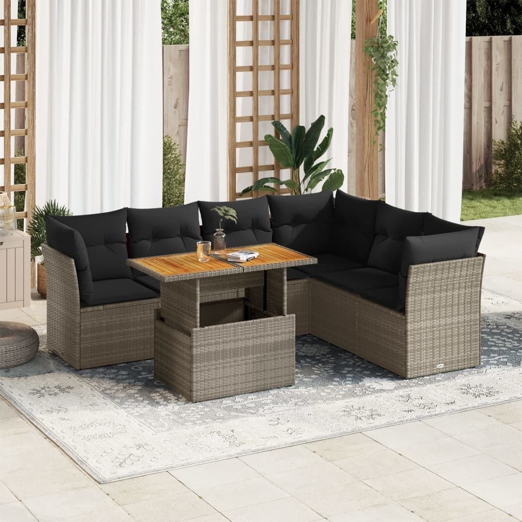 Eleganten-Stil 7-tlg. Garten-Lounge-Set mit Kissen Garten-Sofagarnitur, Outdoor Indoor, Grau Poly Rattan Gartenmöbel-Sets CHY59130114