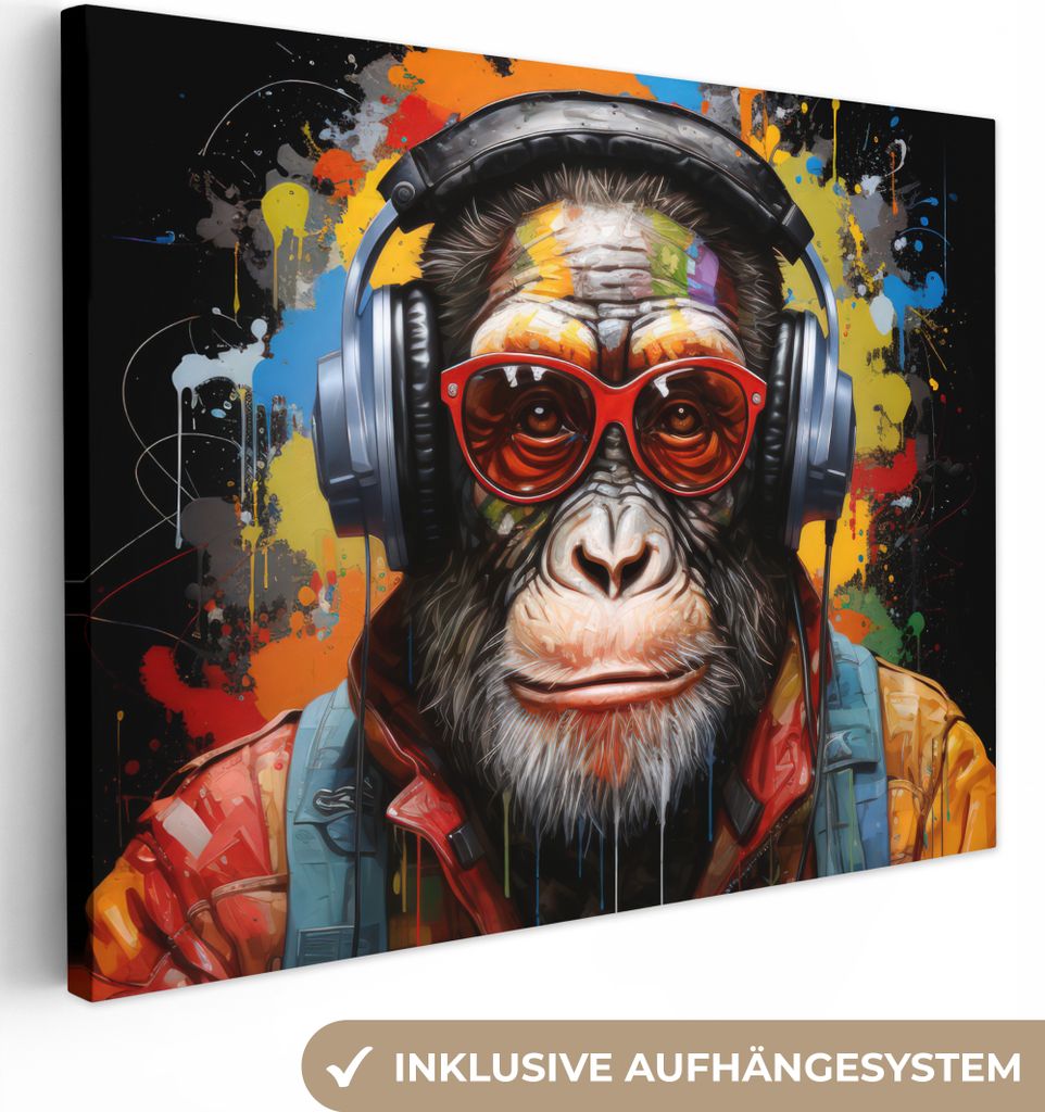 Leinwandbilder 80x60 cm - Graffiti - Schimpanse - Affe - Tiere - Brille - Farben, Bilder Wohnzimmer Modern, Wanddeko
