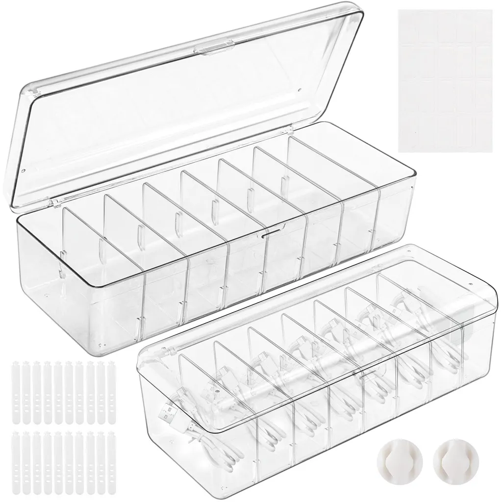 Boîte de rangement câbles x2 avec couvercle et 8 compartiments ajustables