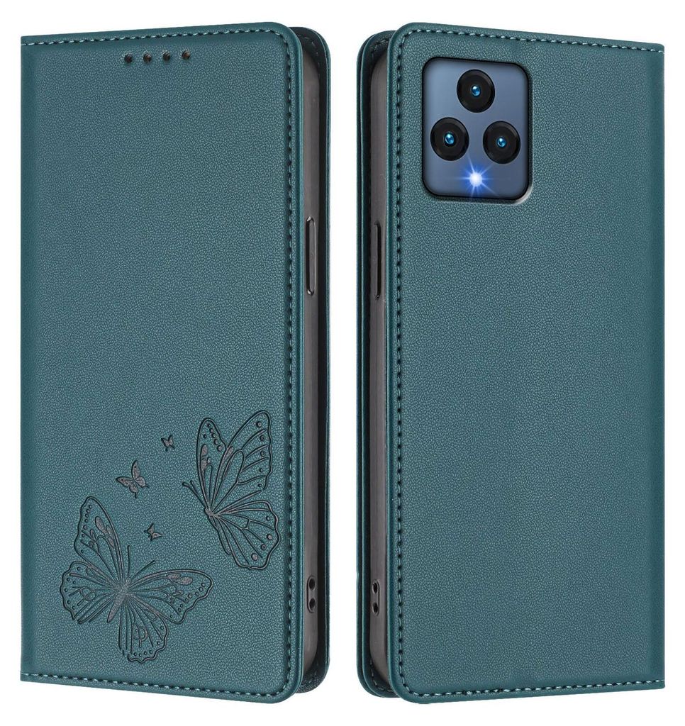 Lederhülle für T-Mobile REVVL 6, Schmetterling Prägung Leder Brieftasche Schutzhülle mit Ständer Grün