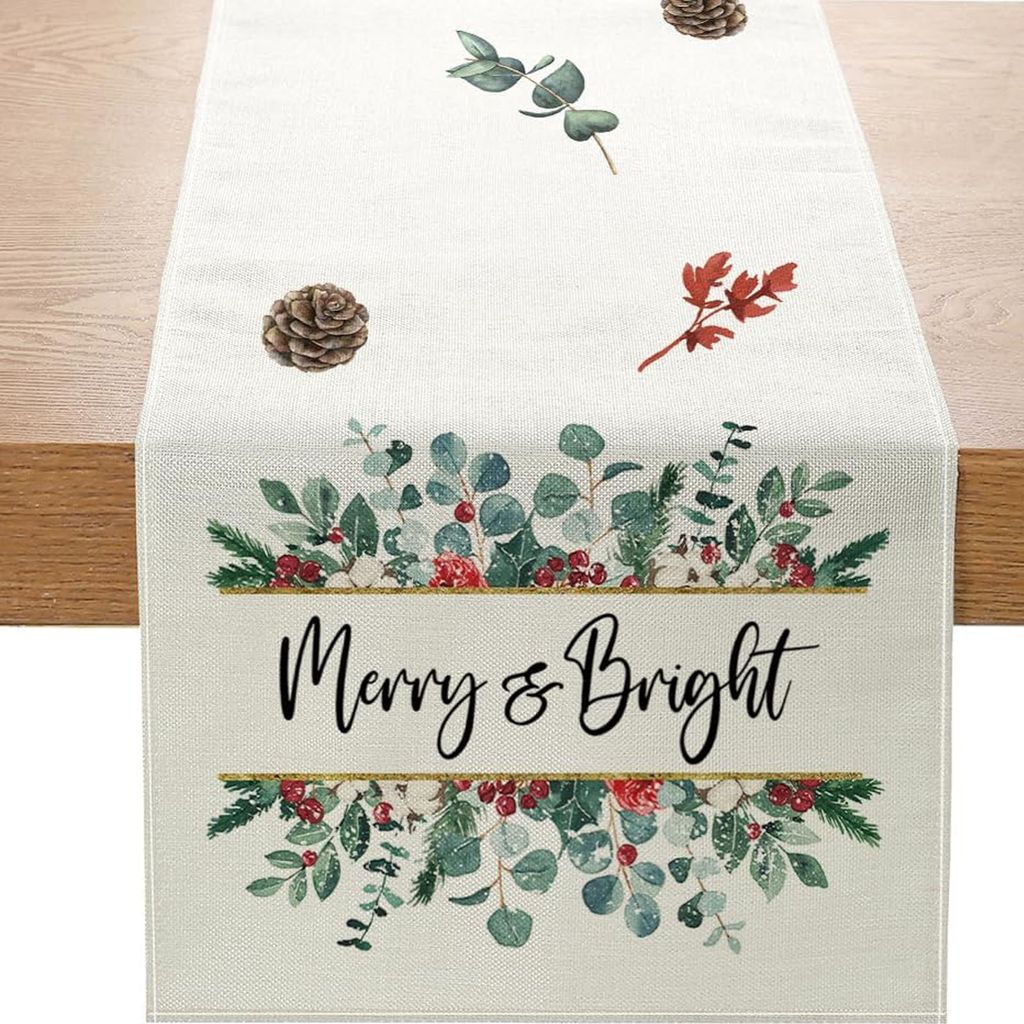 Christmas Table Runner, Pine Cone Beige Red Berry Table Runner Merry Christmas Winter Xmas Home Kitchen Dining Table Decor 33cmx180cm