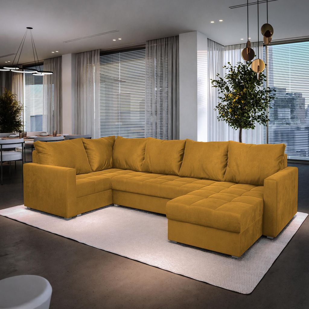 Masseno Ecksofa LORIVO L-S mit Schlaffunktion U-Form, Sofa mit Bettkasten, Wohnzimmersofa, Couch, Soffa, Bettsofa, Couchgarnitur- Gelb, KRONOS 01