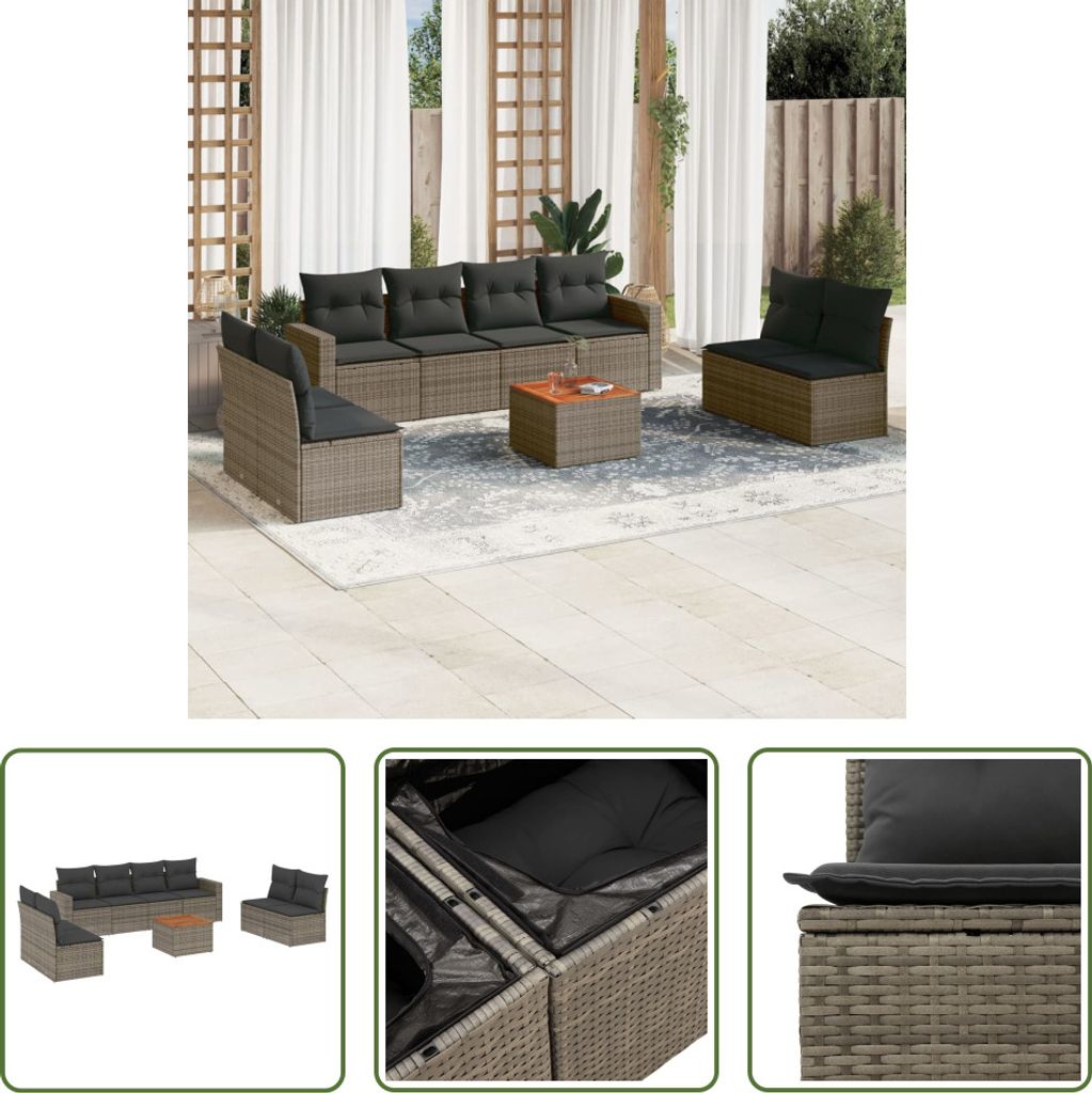 The Living Store 9-tlg. Garten-Sofagarnitur mit Kissen Grau Poly Rattan