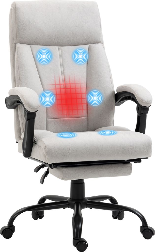 A light gray office chair with a footrest and massage features.