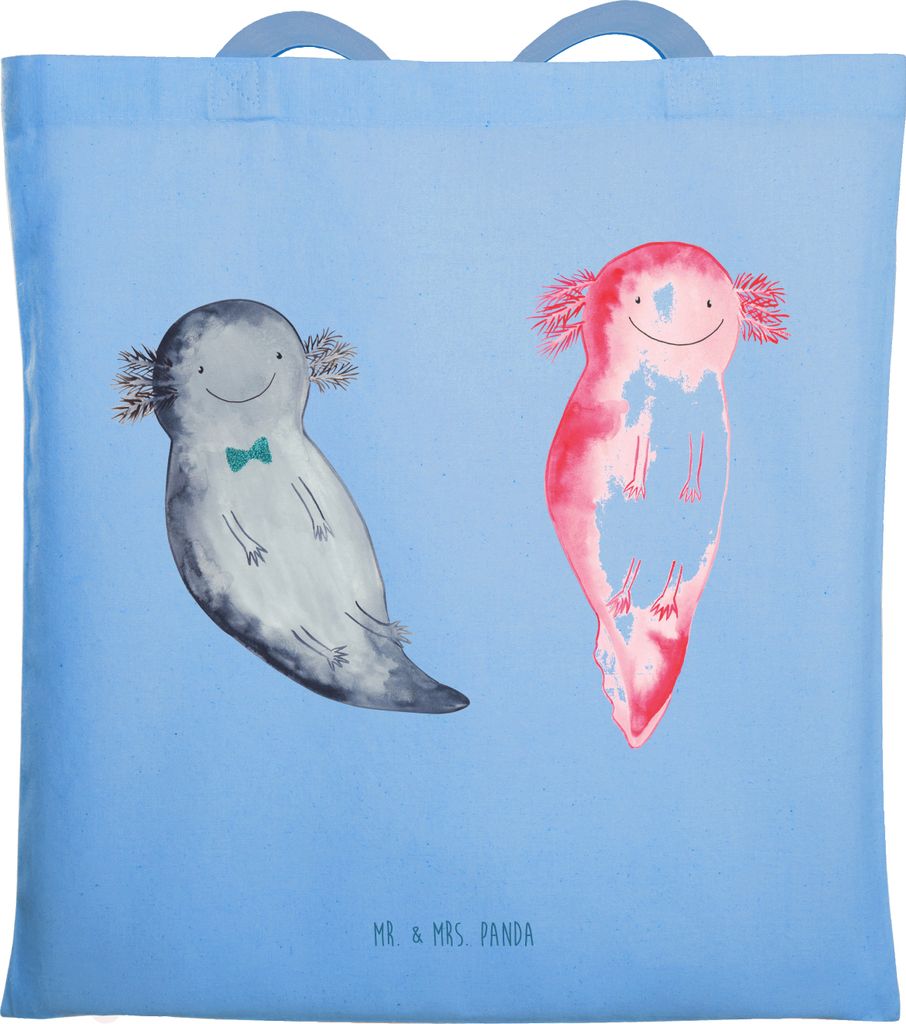 Mr. & Mrs. Panda Tote Bag Axolotl Freundin - Sky Blue - Geschenk, Liebe, Lurche, Laptoptasche, Uni Tasche, Einkaufstasche, Valentinstag, Schultasche