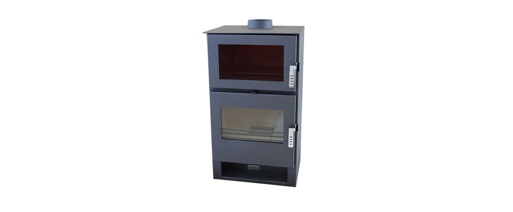 A dark gray wood-burning stove with a glass door and a smaller glass window above it, set against a white background.