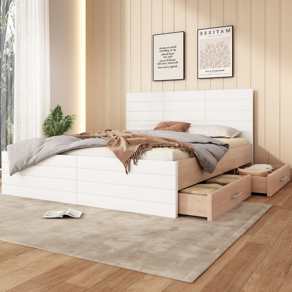 Flieks Doppelbett Holzbett 160x200cm mit 2 Schubladen, Stauraumbett Jugendbett mit Lattenrost, Klassisches Bett Funktionsbett, Weiß