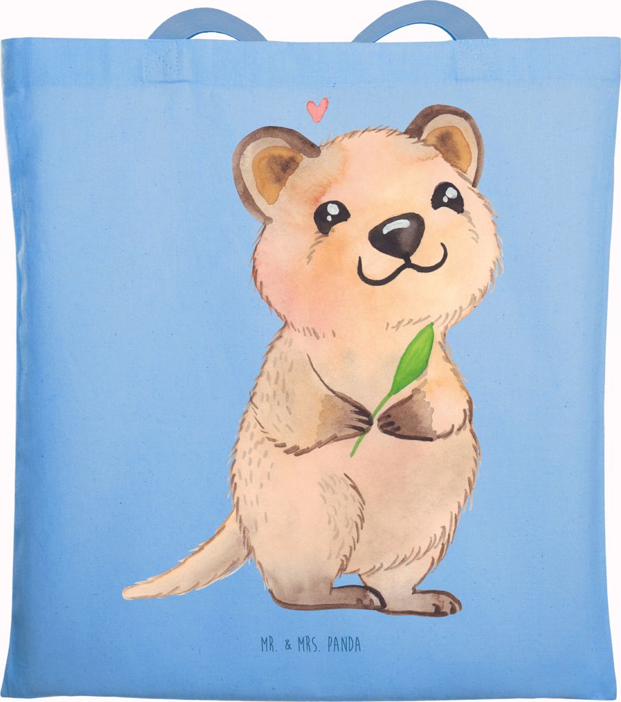 Mr. & Mrs. Panda Tote Bag Quokka Happy - Sky Blue - Geschenk, Shopping Tasche, Schultasche, Lustige Sprüche, dokumententasche, Baumwollbeutel, Jut...