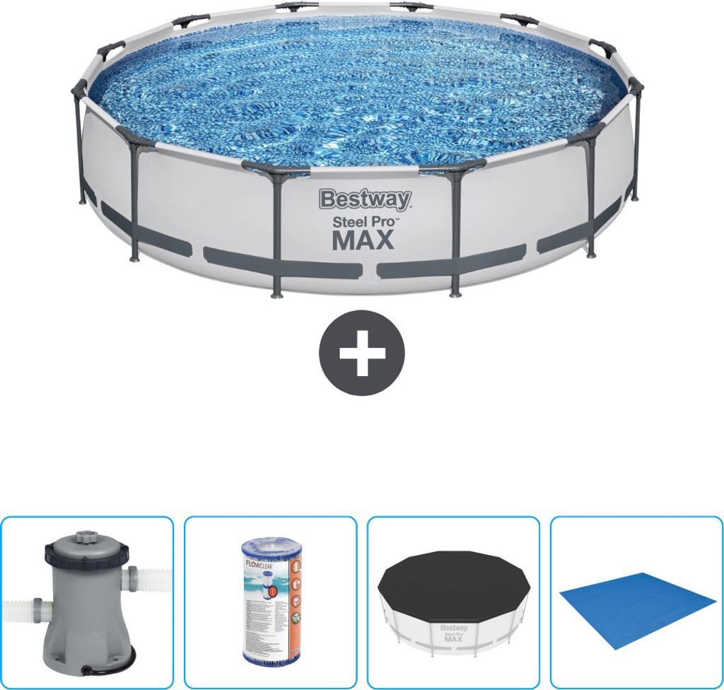 Bestway Round Steel Pro MAX Schwimmbad – 366 x 76 cm – Grau – inklusive Pumpe Filter - Abdeckung - Bodenplane