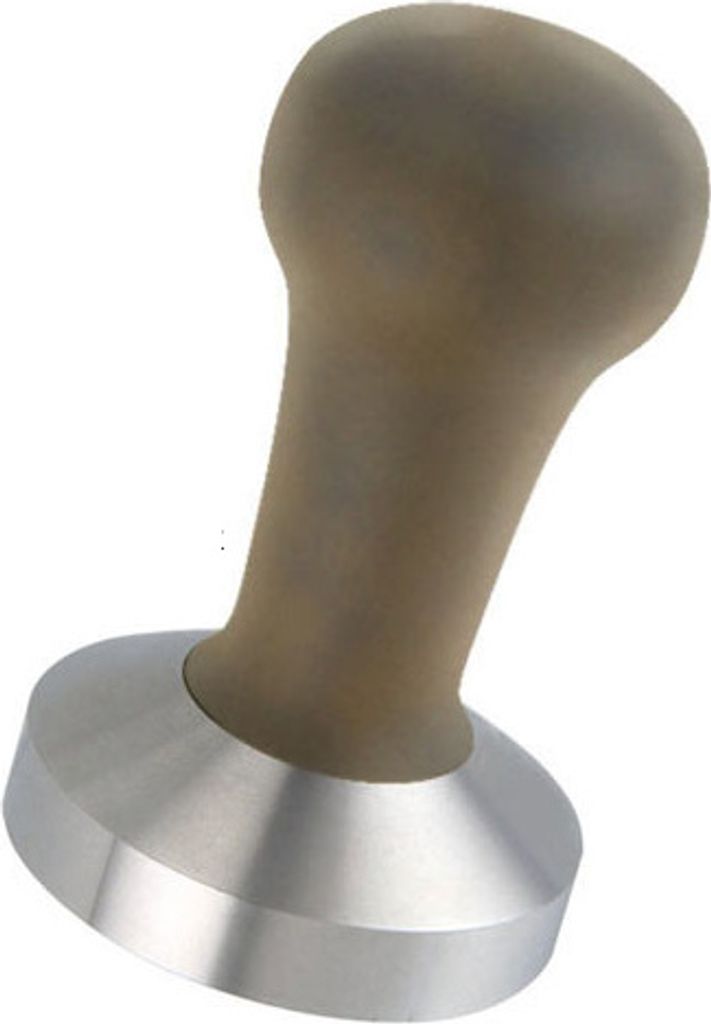 A coffee tamper with a wooden handle and a metal base, isolated on a white background.